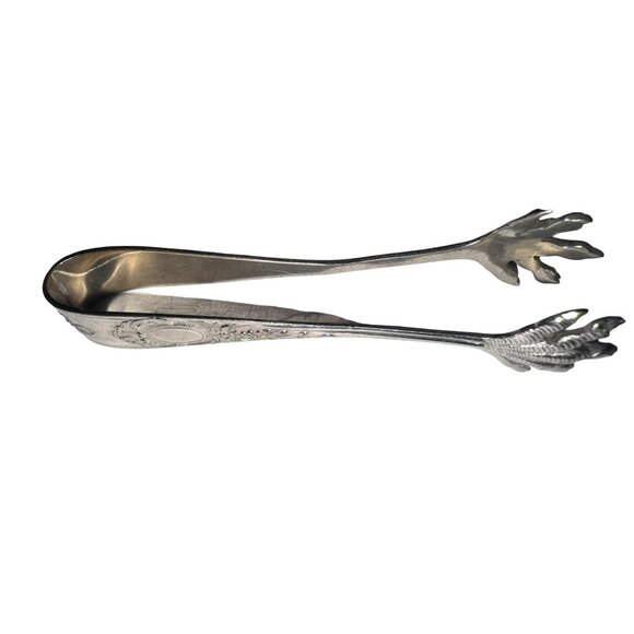 Antique Silverplate Ornate Claw Foot Sugar Tongs With Floral Engraving - Picture 7 of 7